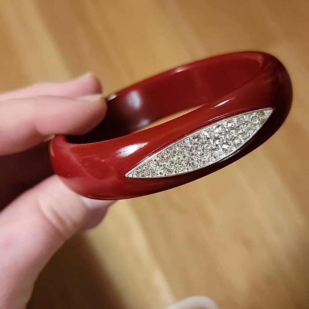 Red Lucite Pave Accent Bangle Bracelet Rouge Red Bracelet Accent Diamond Pave